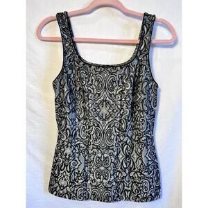 White House Black Market Tank Top Women Small Black Brocade Scroll Trim Pullover